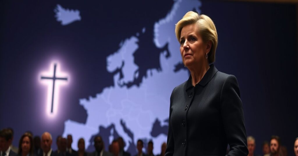 Ursula von der Leyen podczas przemówienia w Brukseli, symbolizujące duchową pustkę Europy bez Chrystusa