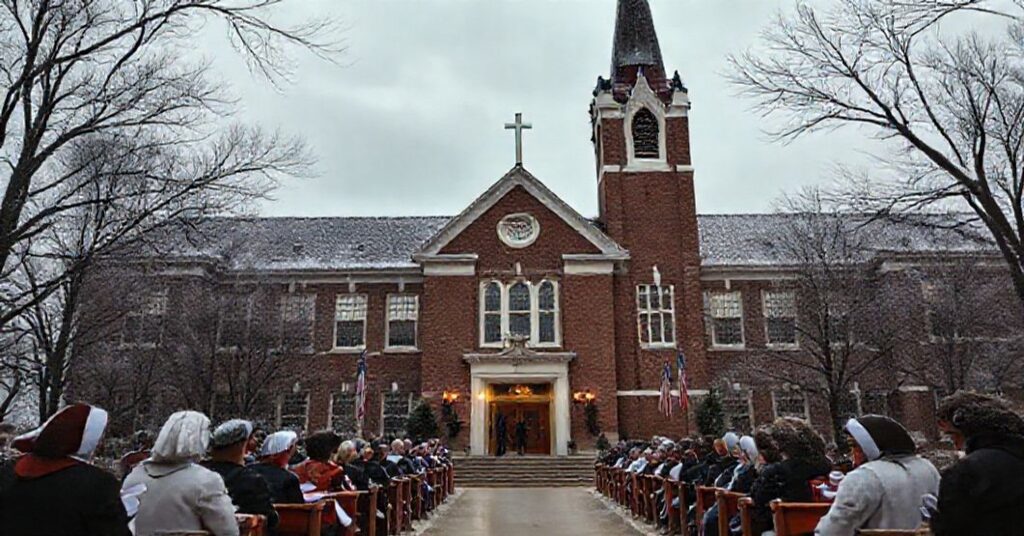 Ursuline High School w Ohio przy ołtarzu z biskupem Davidem Bonnarą na tle katedry.