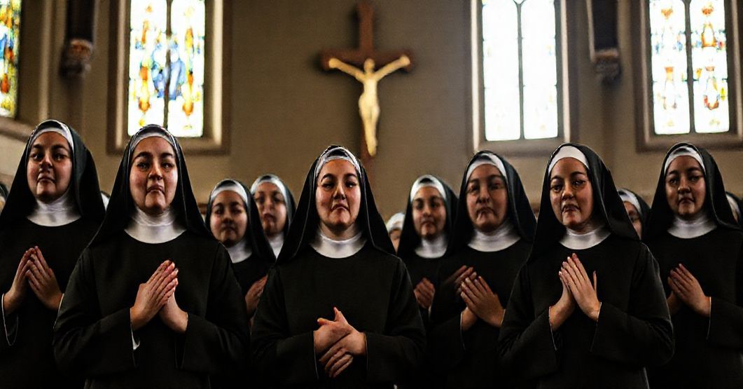 Grupa zakonne siostry urszulanki w tradycyjnych habitach stoi w kaplicy, modląc się przed krzyżem. Ich twarze wyrażają pokorę i poświęcenie, a wnętrze kościoła jest uroczyście oświetlone.