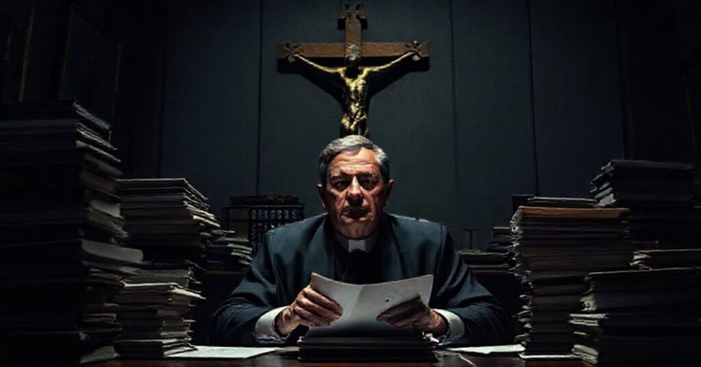 Scena przedstawiająca urzędnika Stevena Putansa przyznającego się do nielegalnego kradzieży danych w biurze rządowym z widocznym krucyfiksem na tle.