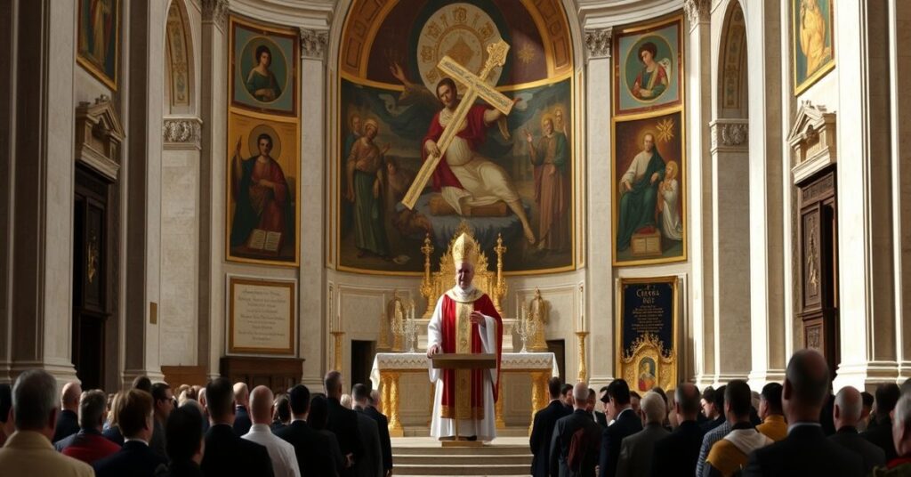 Uroczystość w Bazylice św. Piotra podczas rzekomej Mszy Krzyżma z udziałem Roberta Prevosta pod imieniem 'Leo XIV', krytyka modernistycznych nauk Kościoła nowego porządku.