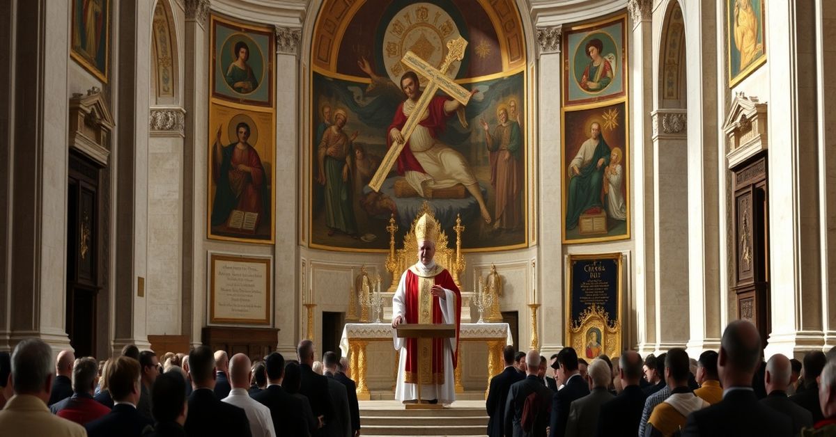 Uroczystość w Bazylice św. Piotra podczas rzekomej Mszy Krzyżma z udziałem Roberta Prevosta pod imieniem 'Leo XIV', krytyka modernistycznych nauk Kościoła nowego porządku.