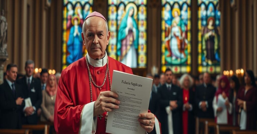 Książę biskup w tradycyjnych szatach liturgicznych trzyma dokument "Fiducia Supplicans", symbolizując zdrady tradycyjnych nauk katolickich.