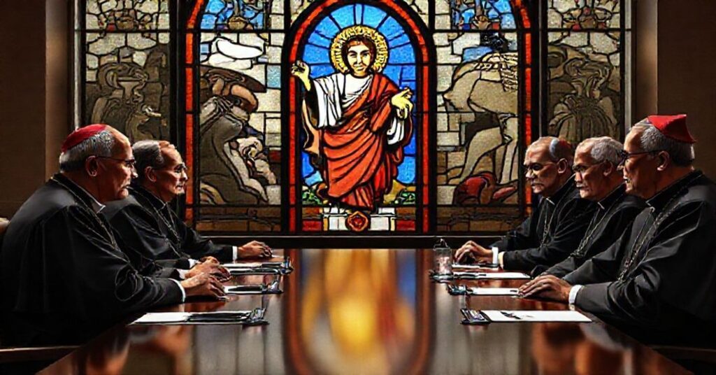 Zdjęcie przedstawiające biskupów z USCCB dyskutujących o imigracji w kontekście katolickiej doktryny i globalistycznej polityki.