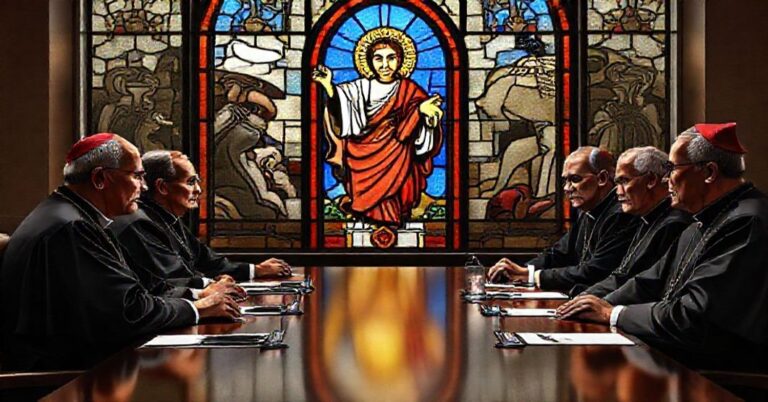 Zdjęcie przedstawiające biskupów z USCCB dyskutujących o imigracji w kontekście katolickiej doktryny i globalistycznej polityki.