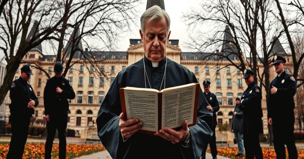 Ksiądz w tradycyjnym sutannie stoi przed budynkiem parlamentu w Ottawie z otwartą Biblią. Wokół niego niewielka grupa wiernych modli się. W tle widoczne ciężkie postacie policjantów. Scena symbolizuje prześladowanie chrześcijan za głoszenie prawdy biblijnej.