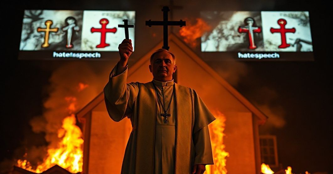 Katolicki książ w tradycyjnym ornacie stoi przed płonącym kościołem, trzymając krzyż. W tle ekran wyświetla zdeformowane symbole katolickie oznaczone jako 'mowa nienawiści'.
