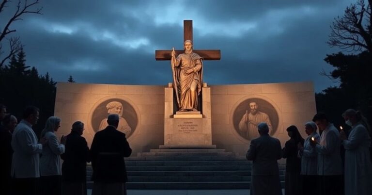 Obraz przedstawiający usunięcie pomnika św. Junipera Serry w Hillsborough (Kalifornia), z katolikami modlącymi się w tradycyjnych strojach.