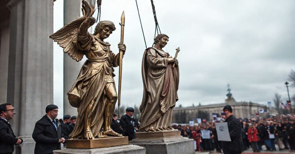 Scena usunięcia figur św. Michała Archanioła i św. Floriana z budynku publicznego w Quincy, Massachusetts.