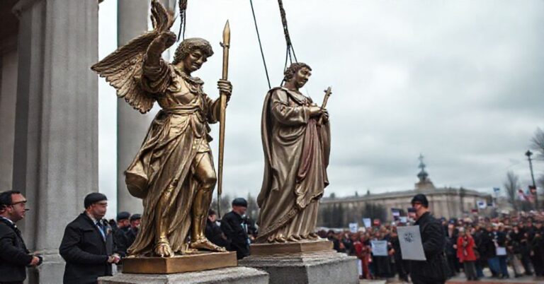 Scena usunięcia figur św. Michała Archanioła i św. Floriana z budynku publicznego w Quincy, Massachusetts.