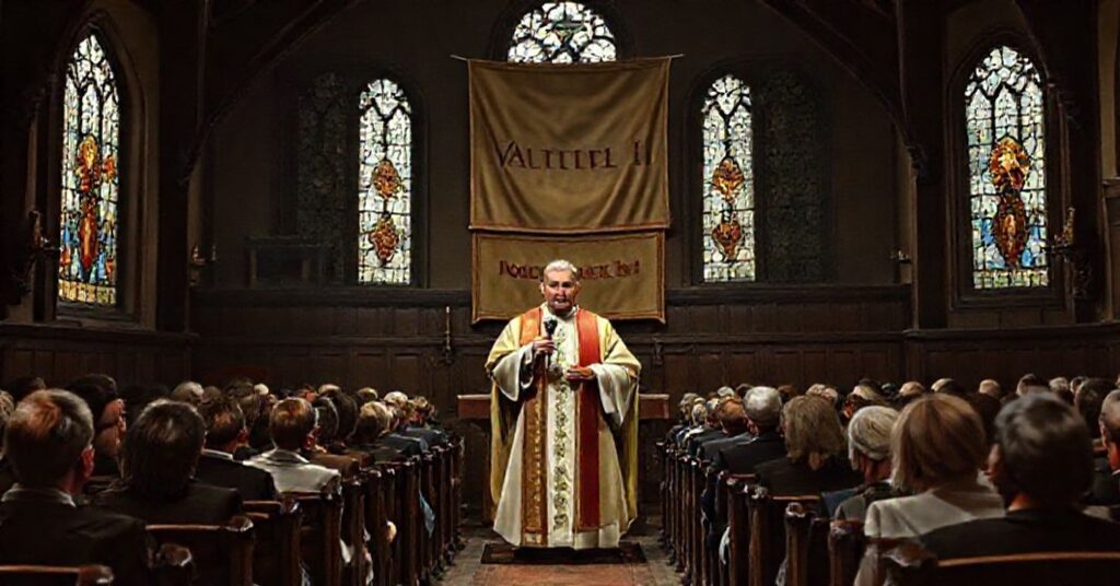 Wnętrze starej kościoła z usurpatorem 'Leonem XIV' podczas modlitwy Anioł Pański w dniu 7 grudnia 2025 roku.