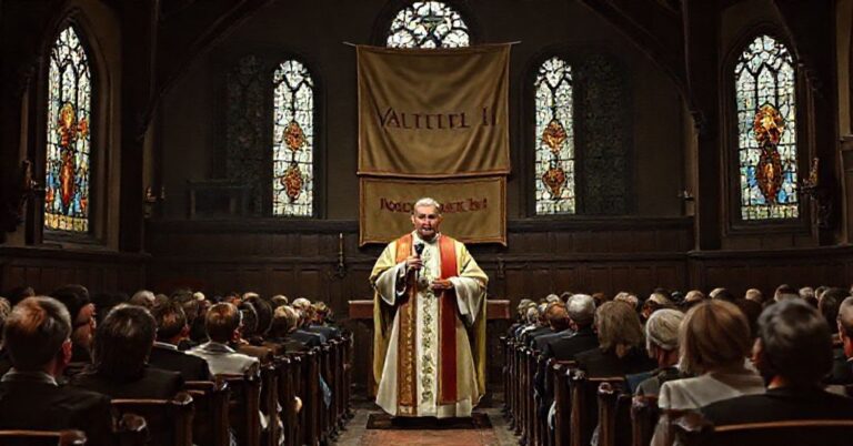 Wnętrze starej kościoła z usurpatorem 'Leonem XIV' podczas modlitwy Anioł Pański w dniu 7 grudnia 2025 roku.