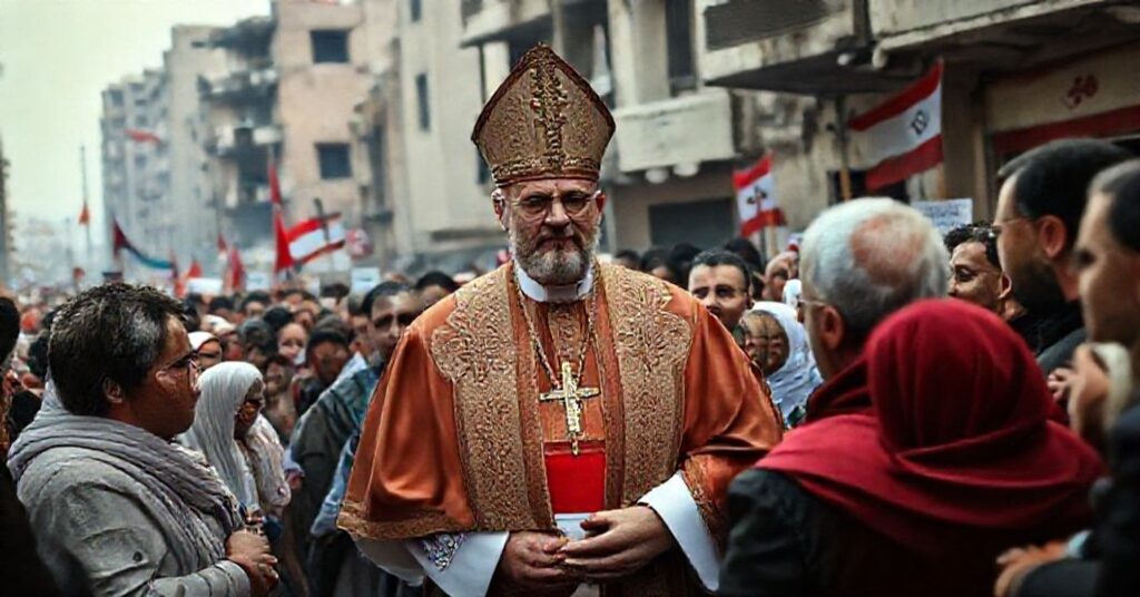 Usurpator Leon XIV w Libanie w 2025 roku, otoczony ludźmi cierpiącymi w zniszczonym mieście Bejrut. Scena symbolizuje fałszywy pokój i ekumenizm.