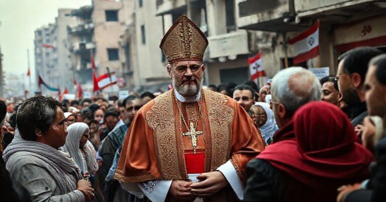 Usurpator Leon XIV w Libanie w 2025 roku, otoczony ludźmi cierpiącymi w zniszczonym mieście Bejrut. Scena symbolizuje fałszywy pokój i ekumenizm.