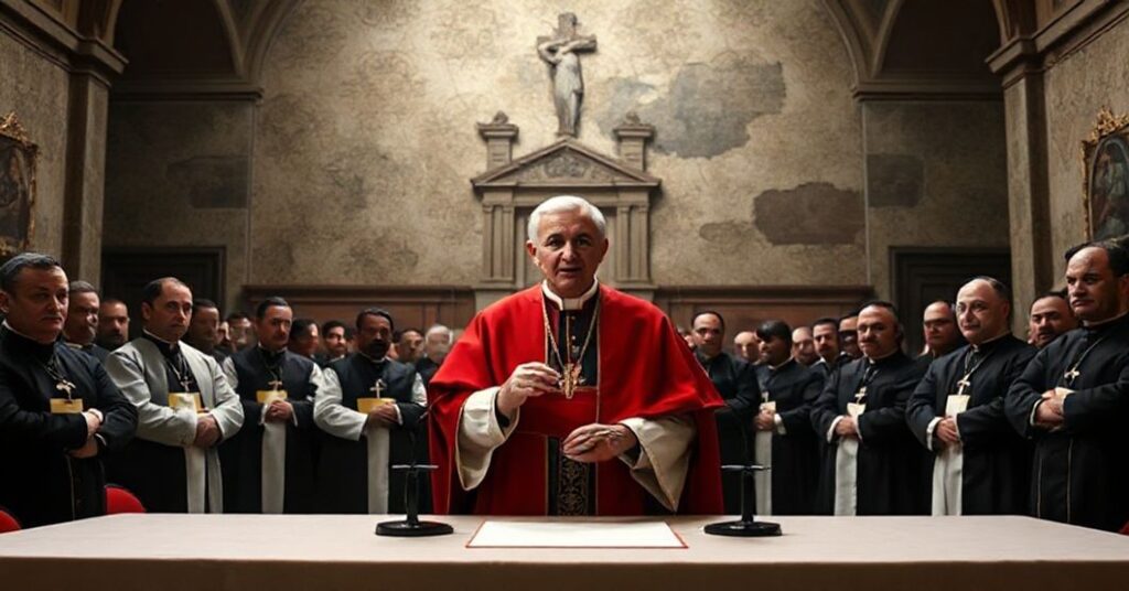 Krytyczny obraz rzekomego "papieża" Roberta Prevosta podczas konferencji prasowej w Castel Gandolfo.