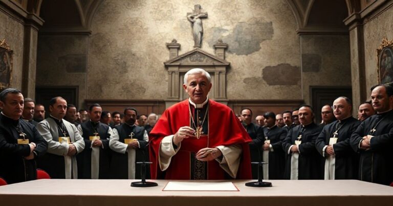 Krytyczny obraz rzekomego "papieża" Roberta Prevosta podczas konferencji prasowej w Castel Gandolfo.