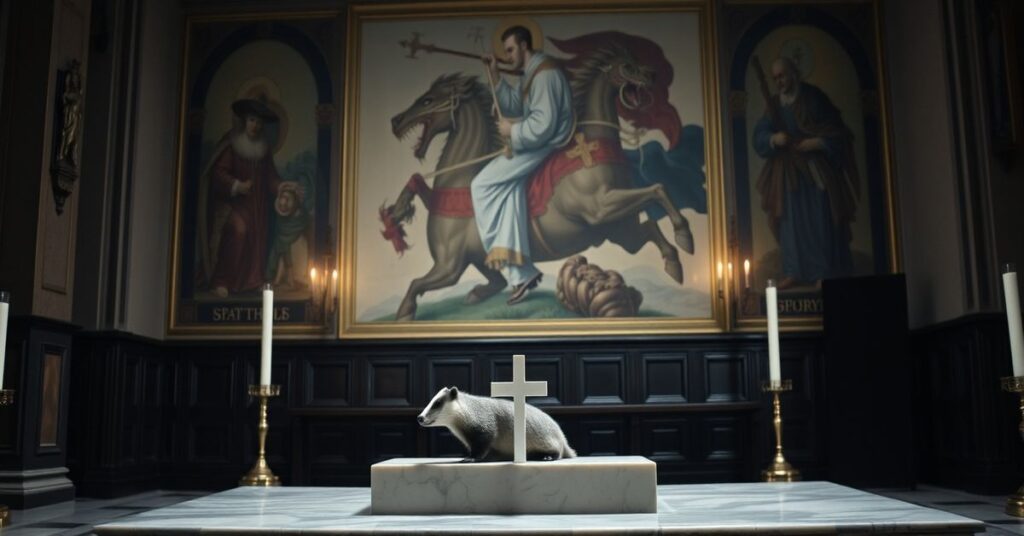 Obraz przedstawiający utratę chrześcijańskiego dziedzictwa w Wielkiej Brytanii przez zastąpienie portretów historycznych motywami przyrodniczymi