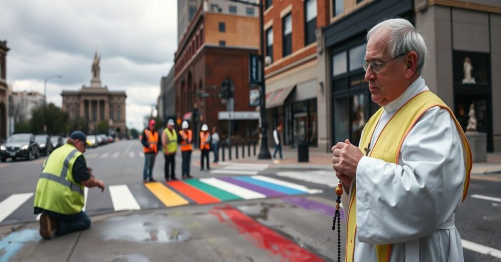 Pracownicy usuwający tęczowe przejścia w Dallas, na tle tradycyjnego duchownego modlącego się z różańcem
