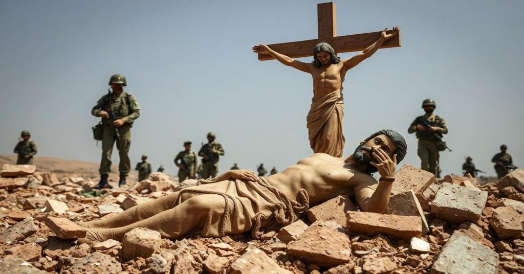 Uszkodzona figura Jezusa w wiosce Debl w Libanie, na tle présence wojskowej