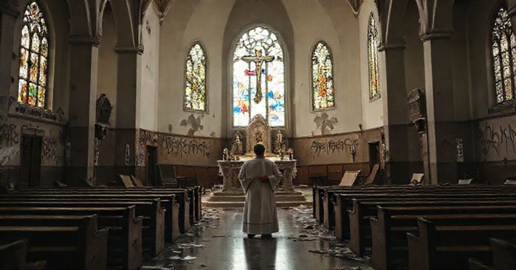Uszkodzony kościół katolicki w USA z widocznymi oznakami wandalizmu i profanacji