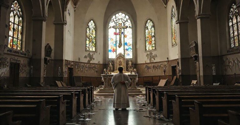 Uszkodzony kościół katolicki w USA z widocznymi oznakami wandalizmu i profanacji