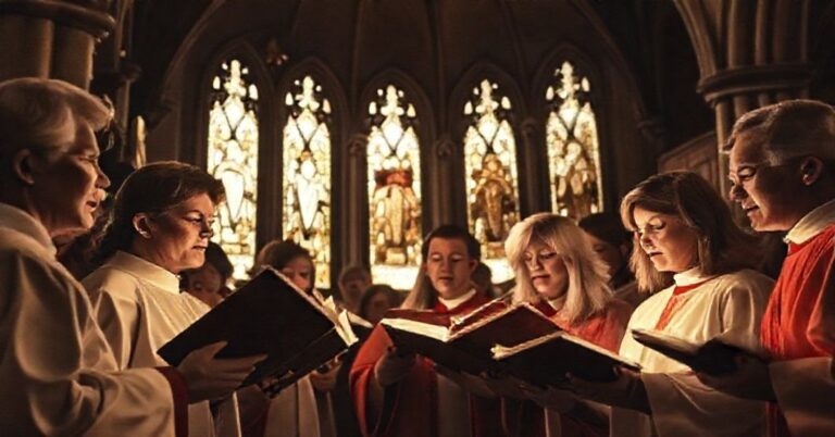 Reverentne zdjęcie chóru kościelnego śpiewającego gregoriański śpiew liturgiczny w tradycyjnym kościele