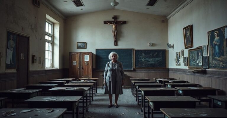 Pusty klasztorny pokój szkolny z krzyżem na ścianie i staremi książkami. Symbolizuje utratę wiary i moralności w nowoczesnych szkołach.