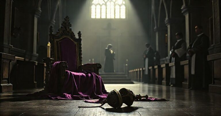 Stary kościół z pustoszącej biskupiej katedry jako symbol utraty prawdziwej władzy duchowej