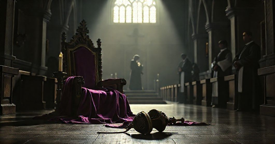 Stary kościół z pustoszącej biskupiej katedry jako symbol utraty prawdziwej władzy duchowej