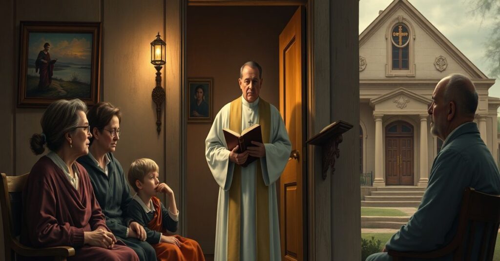 Tradycyjna katolicka rodzina w domu, z księdzem w sutannie w drzwiach, symbolizująca utratę prawdziwej wspólnoty