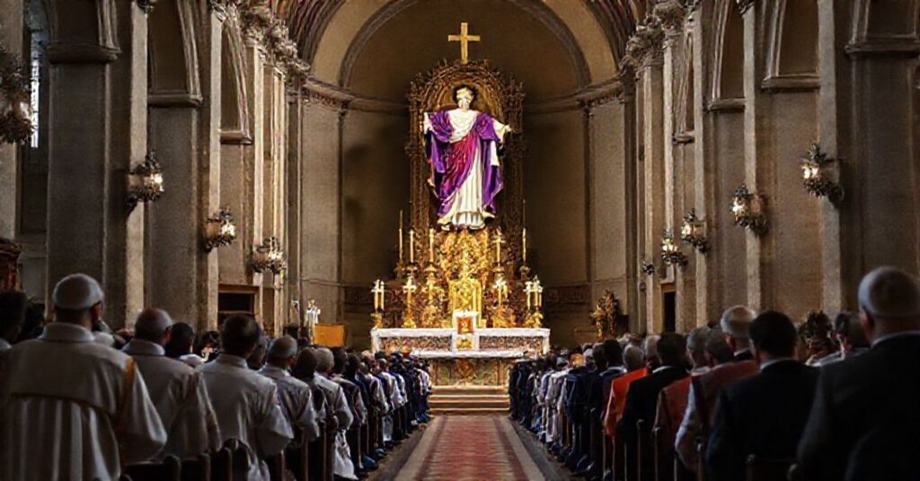 Tradycyjna msza św. w kościele z uwielbieniem Chrystusa Króla w otoczeniu elementów rytu trydenckiego.