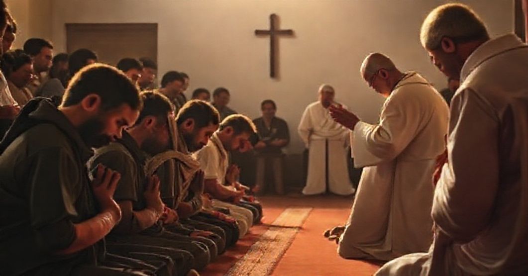 Zdjęcie przedstawiające uwolnienie siedmiu izraelskich zakładników przez Hamas w tradycyjnym katolickim kontekście.