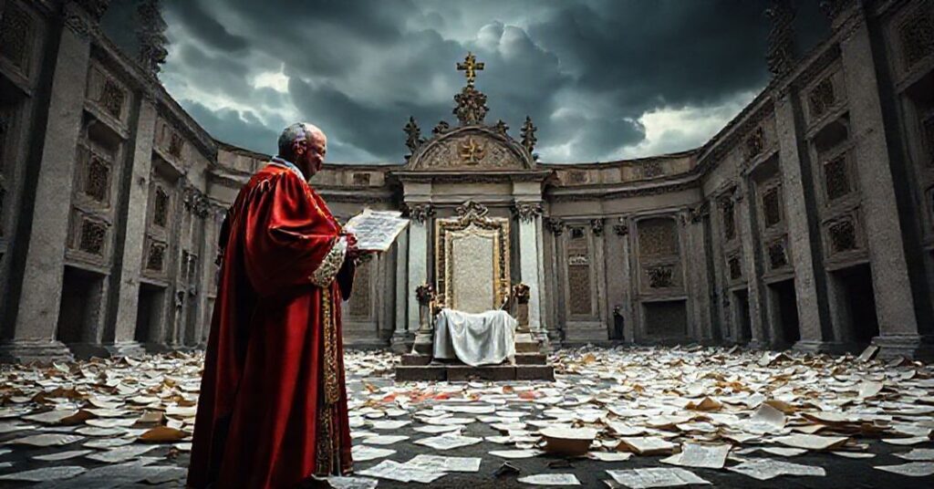 Tradycyjny ksiądz katolicki stojący przed pustym tronem św. Piotra w Watykanie, symbolizujący kryzys wiary i herbicydalną działalność uzurpatora Leona XIV