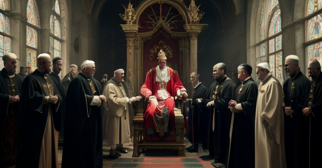 Uzurpator Bergoglio w posługach "Leona XIV" spotyka się z przywódcami Fraternity of Saint Peter (FSSP) w watykańskim pomieszczeniu. Scena jest poważna i symboliczna, podkreślająca schizmą i duchową pustenkę w Kościele.