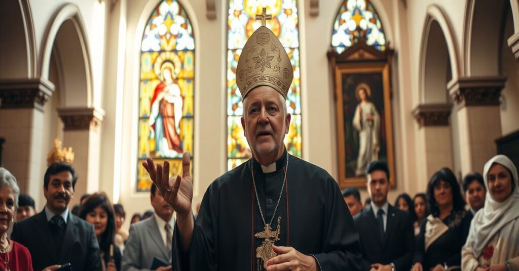 Portret Roberta Prevosta ("Leon XIV") jako uzurpatora biskupa w Chiclayo, Peru, podkreślający fałszywą ortodoksję modernistycznej apostazji.