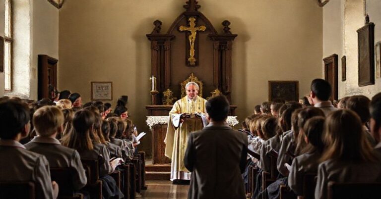 Uzurpator "Leon XIV" w Castel Gandolfo podczas wystąpienia synkretycznego w szkole przy Pałacu Apostolskim