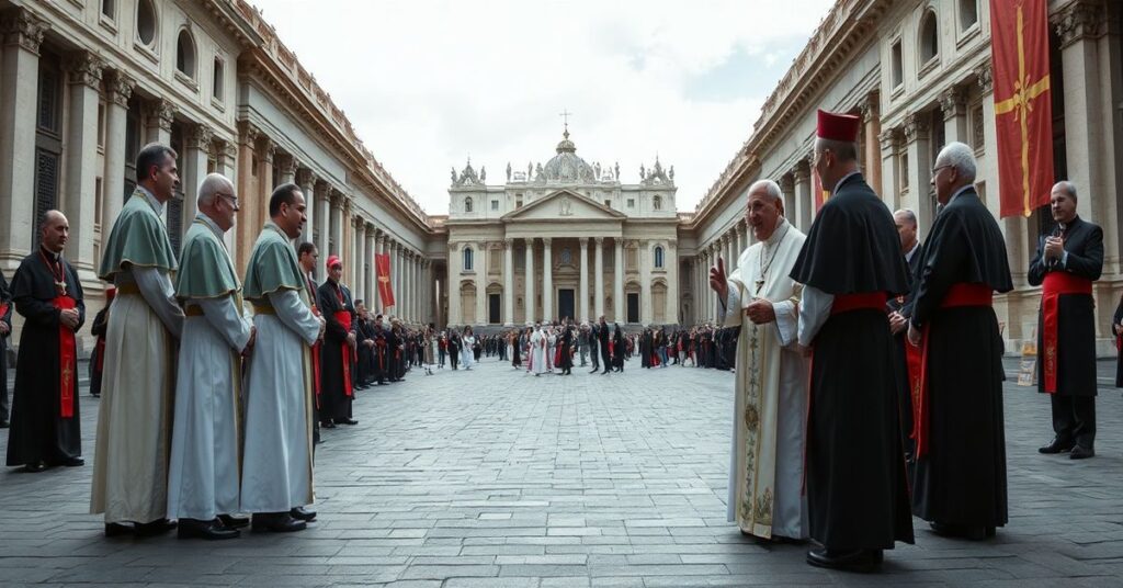 Pusty plac przed Bazyliką św. Piotra z grupą modernistycznych duchownych w nowoczesnych szatach liturgicznych. W centrum antybiskup Łukasz Buzun i uzurpator 'Papież' Leon XIV w czasie nawzajem niszczącej adoracji.