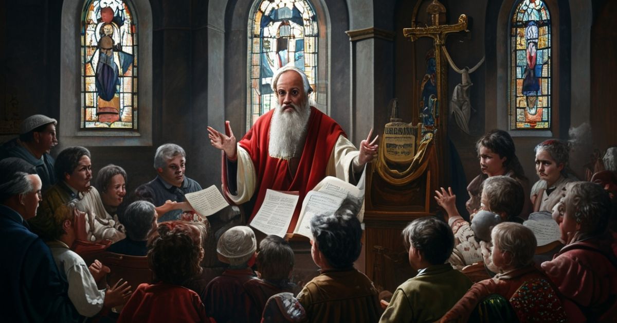 Uzurpator Leo XIV przemawia do komitetu "From Crisis to Care: Catholic Action for Children" w tradycyjnym kościelnym wnętrzu