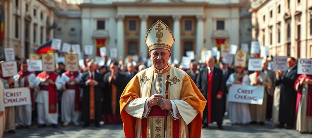 Uzurpator Leo XIV (Robert Prevost) w watykańskiej plazie św. Piotra w otoczeniu polityków i symboli pokoju bez Chrystusa