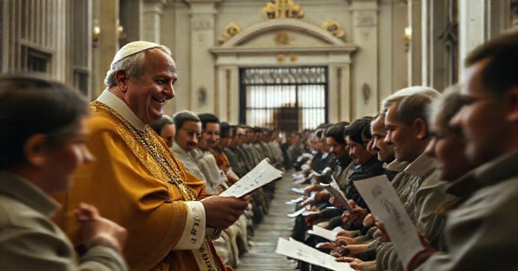 Zdjęcie przedstawiające uzurpatora "Leona XIV" podczas audiencji z niemieckimi więźniarkami w Watykanie, w kontekście pomyślnego "Jubileuszu Osadzonych", z symbolami profanacji katolickiej doktryny i odrzuceniem pokuty.