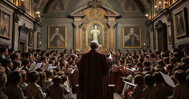 Zdjęcie przedstawiające modernistyczny koncert kolęd w Castel Gandolfo z uzurpatorem 'Leo XIV' i dziećmi w szkole założonej przez 'papieża' Pawła VI.