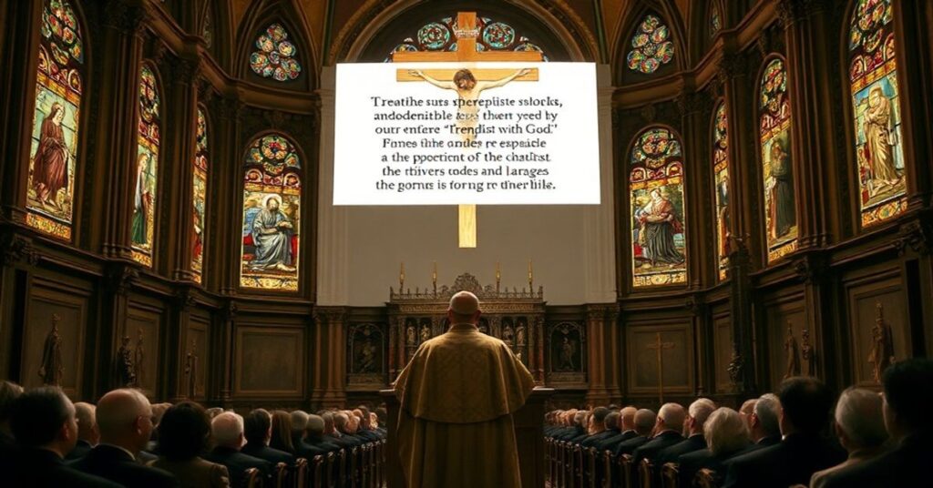 Obraz przedstawia fałszywe modernistyczne interpretacje Objawienia Bożego z focusem na uzurpatora Leona XIV podczas audiencji. W tle znajdują się tradycyjne katolicie symbole.