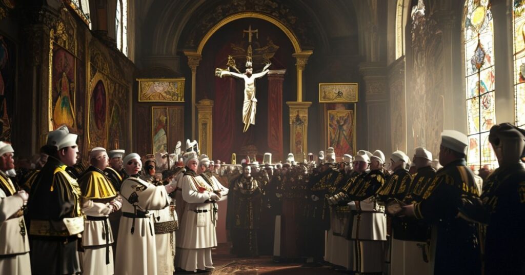 Uzurpator 'Leo XIV' nagradza strażników w Watykanie podczas ceremoniału w salach pełnych katolickiej ikonografii.