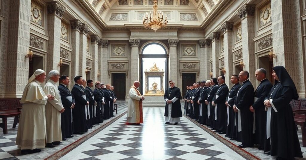 Uzurpator Leo XIV (Bergoglio) podczas spotkania z przywódcami FSSP w Watykanie, symbolizujące hipokryzję i rozpad prawdziwej Tradycji w katolickim Kościele.