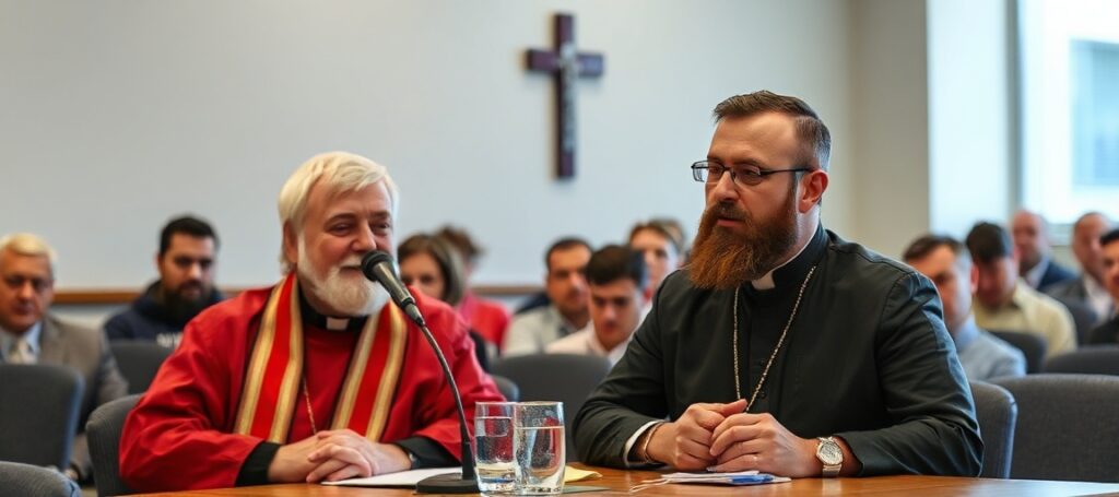 Uzurpator Leon XIV przemawia do przedstawicieli Catholic Extension przed pustym ołtarzem w Watykanie.