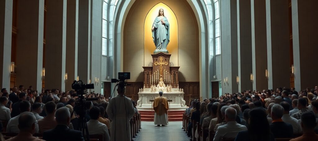 Scena w Aparecidzie: uzurpator Leon XIV przemawia do uczestników Krajowego Sympozjum Rodzin przed wielkim obrazem Matki Bożej. W tle brak tabernakulum i kapłana, symbolizując brak sakramentalnego centrum wiary.