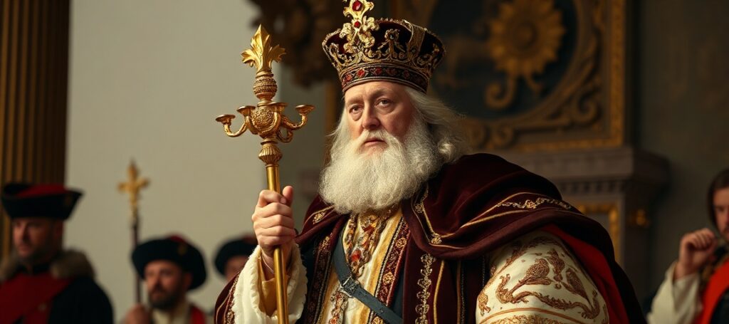 Uzurpator Leon XIV przed uszkodzoną rzeźbą Chrystusa Króla, symbolizującym apostazję nowożytnej sekty.