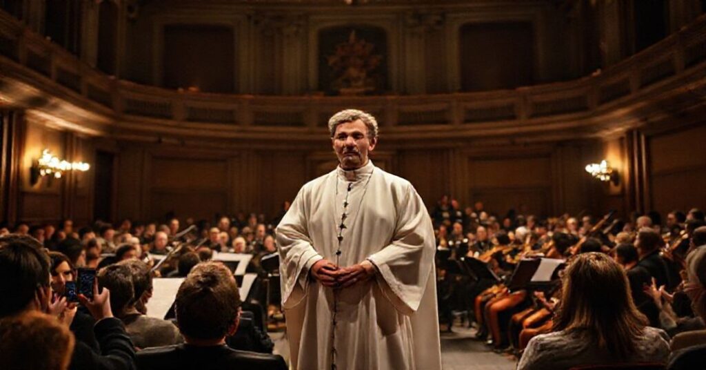 Uzurpator 'Leon XIV' podczas kontrowersyjnego koncertu w Auli Pawła VI; tradycja katolicka profanowana przez modernistyczną muzykę