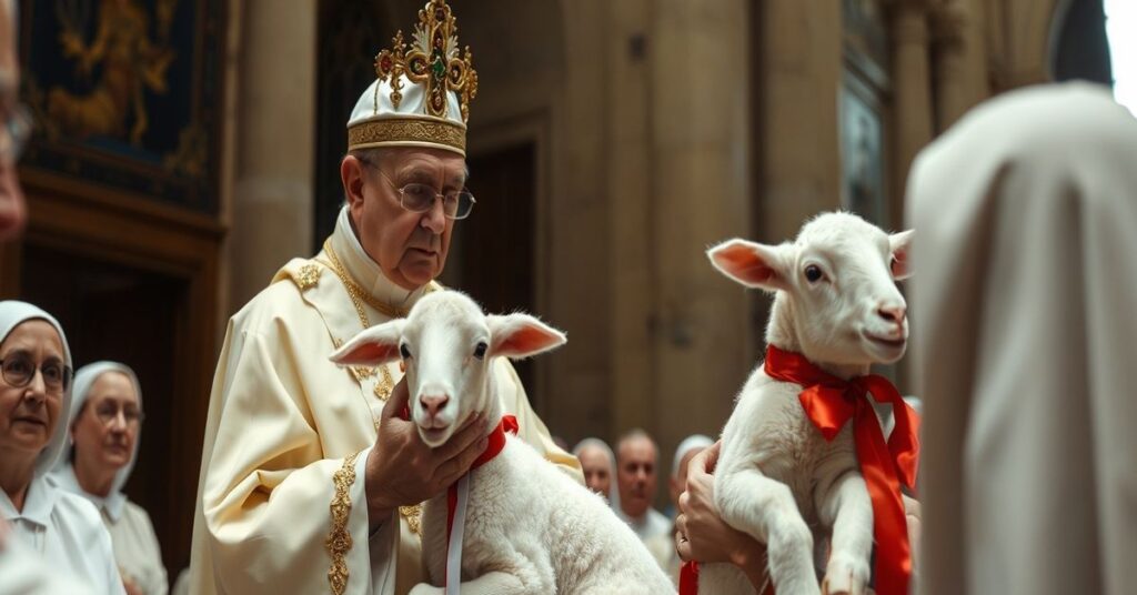 Uzurpator Papież Leon XIV przyjmuje baranki podczas uroczystości ku czci św. Agnieszki w Watykanie, 21 stycznia 2026.