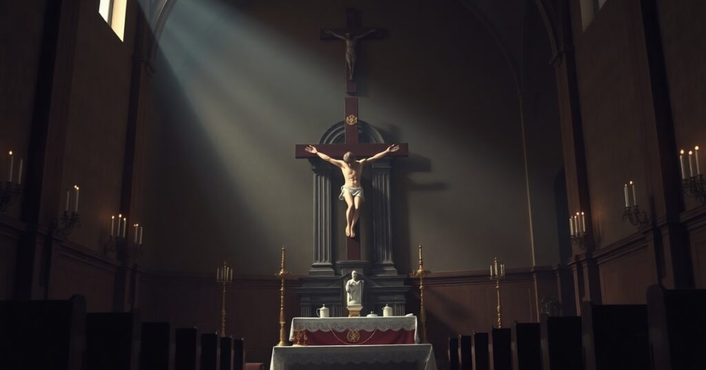 Obraz przedstawiający tradycyjny wnętrze kościoła z krzyżem i ołtarzem na pierwszym planie, z cieniem uzurpatora Leona XIV trzymającego piłkę nożną w tle. Scena symbolizuje duchową apostazję.
